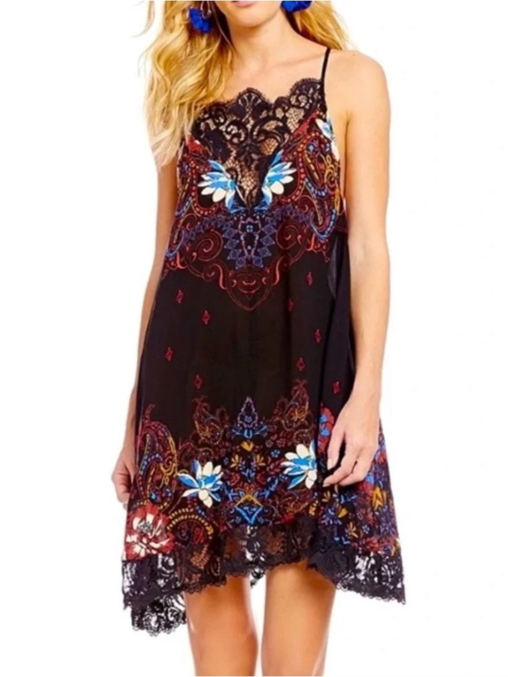 Free People Intimately Mini Slip Dress Who’s Sorry Now Black Lace Trim Women S